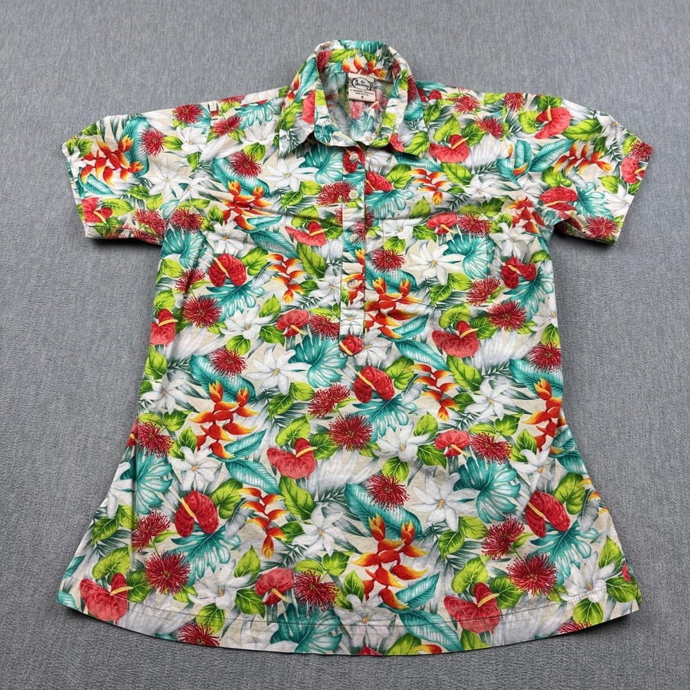 Vintage Go Barefoot Shirt Womens Small Green Black Floral Hawaiian Made In USA